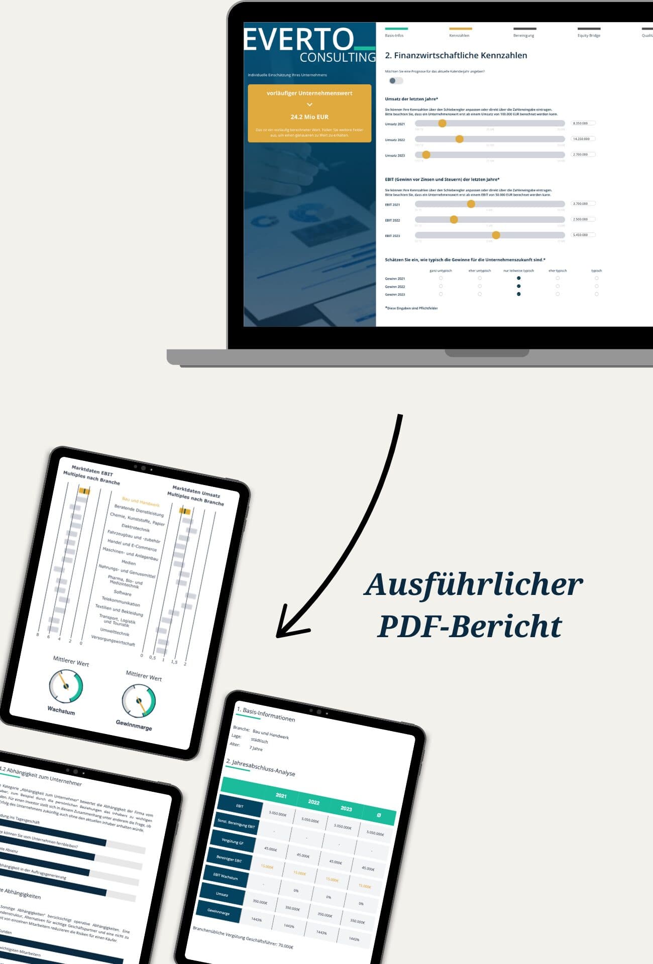 Der Everto Unternehmenswertrechner und der ausführliche PDF-Bericht auf Laptop und Tablets